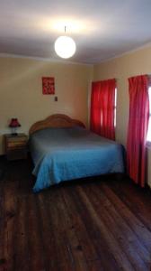 拉巴斯伊斯多罗斯酒店的一间卧室配有床和红色窗帘