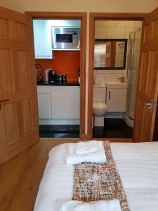 伦敦橡树屋公寓的客房设有一张床和一间带厨房的浴室