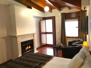 普奇塞达湖泊酒店的客厅设有壁炉和1张床