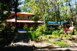 Isla Cebaco Cebaco Sunrise Lodge的树林中的房屋,前面设有吊床