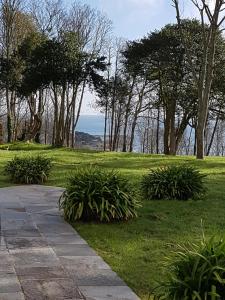普卢格雷斯康克格雷奇庄园酒店的公园里种有树木和草地的走道