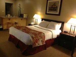 Petawawa佩塔瓦瓦河酒店及套房的酒店客房设有一张大床和两盏灯。