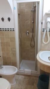 罗马普拉蒂酒店的带淋浴、卫生间和盥洗盆的浴室