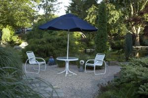 查塔姆宜人海湾村度假酒店的花园内摆放着一张桌子和两把椅子以及一把遮阳伞。