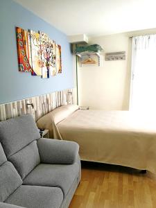 塞哥维亚阿罗索公寓的一间卧室配有一张床、一张沙发和一个窗口