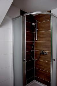 扎布Apartamenty u Klisia的浴室设有木制门淋浴。