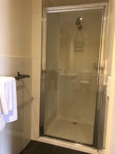 莱克斯恩特伦斯湖畔海滨汽车旅馆的一个带水槽的玻璃淋浴间