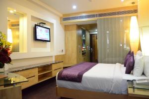 新德里新德里机场大酒店 的酒店客房,配有床和电视