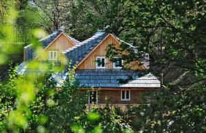 斯提亚夫尼茲科巴內Richňava park的树林中带蓝色屋顶的房子