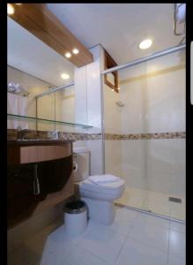 卡姆布库Manacá Apartamentos , Kariri Beach , Cumbuco的一间带卫生间和玻璃淋浴间的浴室