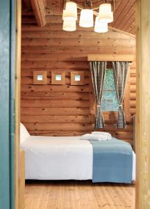 埃诺克欧拉Xenios Chalet的木制客房内的一间卧室,配有一张床