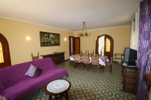 蒙特罗伊Villa rustical 14的一间带紫色沙发的客厅和一间餐厅