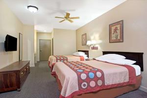 伍德森特瑞斯圣路易斯机场速8酒店的酒店客房配有两张床和吊扇。