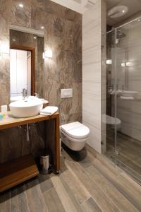 贝尔格莱德Hotel Passpartù Home Garni的一间带水槽、卫生间和淋浴的浴室