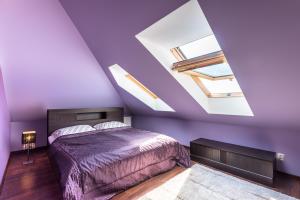 格里兹鲍Apartament Osiedle Bałtyk的一间卧室设有紫色的墙壁、一张床和天窗。
