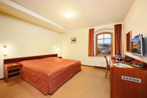 捷克克鲁姆洛夫麦林酒店的一间卧室配有一张床、一张书桌和一台电视