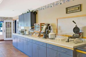 拉皮德城拉皮德城旅行酒店的厨房配有蓝色橱柜和台面