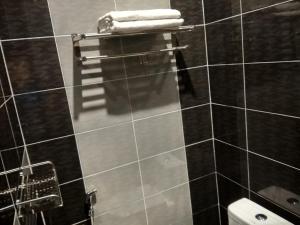 马六甲泰和尔旅馆的一间带卫生间的浴室和墙上的毛巾