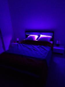 圣路易Appartement 3 pièces的一间卧室配有一张紫色光床
