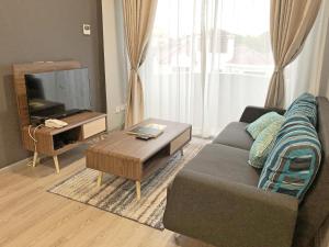 瓜埠海景公寓酒店的带沙发和电视的客厅