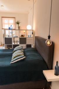 拉恩河畔林堡Loft Apartment Limburg的一间卧室配有一张带绿色棉被的床