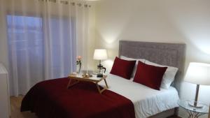 阿尔布费拉Apartamento O Jardins da Marina的一间卧室配有一张带红色枕头的床和一张桌子