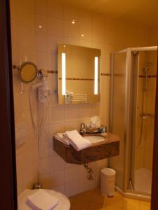 勒鲍甜蜜喷泉山地旅馆的一间带水槽、淋浴和卫生间的浴室