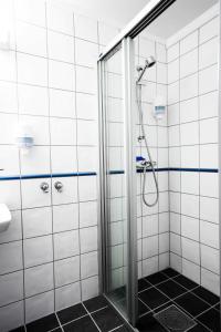 HamremoenKroderen Kro & motel AS的浴室里设有玻璃门淋浴