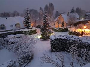 LʼÉtang-la-VilleLa Clémencerie Chambre d'hôtes的一座有树木和房子的雪地庭院