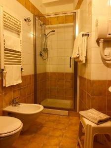 阿西西伯缇酒店的带淋浴、卫生间和盥洗盆的浴室