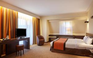 巴尼奥勒德日洛恩杜贝里水疗酒店的酒店客房配有一张床、一张书桌和一台电视。