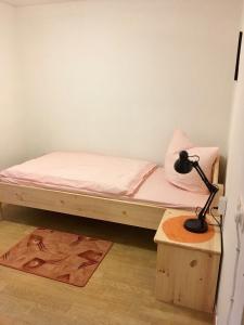 Düngenheim丁根海姆度假屋LandhausDüngenheim的一间卧室配有一张床和一张桌子上的台灯