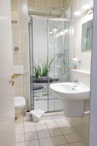 兰茨贝格兰茨贝格酒店的一间带水槽和玻璃淋浴的浴室