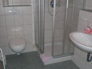 富尔达Landgasthof Schubbkoarn's Ruh的带淋浴、卫生间和盥洗盆的浴室