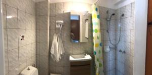 萨摩斯Hotel Anthousa的一间带水槽、卫生间和淋浴的浴室