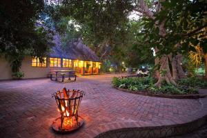 马翁Island Safari Lodge的一个带桌子的庭院和一座树屋