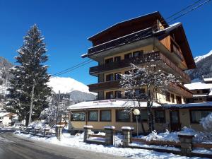 蓬泰迪莱尼奥Hotel Pineta的街道旁的雪地建筑