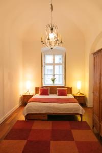 埃格尔埃格尔设计公寓的一间卧室配有一张带窗户和吊灯的床。