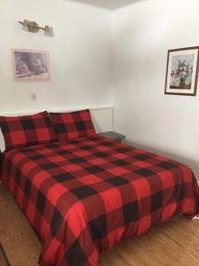 Lac-Bouchettemotel Christine的一间卧室配有一张红色和黑色的格子床
