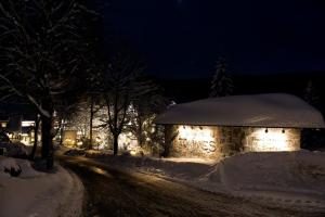 施马伦贝格兰德温德托米斯科尔酒店的一座晚上被雪覆盖的建筑,有灯光