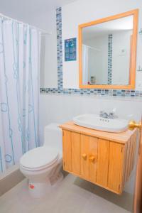 奥塔瓦洛Hostal Riviera Sucre的一间带卫生间、水槽和镜子的浴室