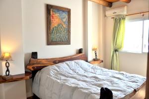 门多萨阿沃雷亚公寓的卧室配有一张床,墙上挂有绘画作品