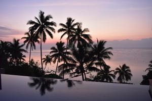 萨武萨武Island Breeze Fiji的日落时分享有棕榈树和大海的景致