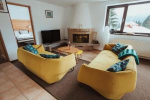锡纳亚Panoramic Apartments - MontePalazzo Sinaia的客厅设有两张沙发和一个壁炉