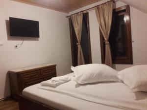 阿列谢尼Denisa's Lodge的一间卧室配有一张带白色枕头的床和电视。