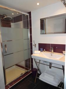 Beaumont-en-Auge普蒂特比尤蒙特酒店的一间带水槽和淋浴的浴室