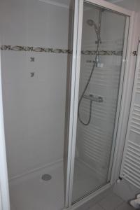 巴拉吕克莱班Hotel restaurant MARTINEZ的浴室里设有玻璃门淋浴