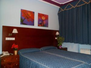 哈卡Auto Check In Hotel Las Nieves的一间卧室配有蓝色的床,墙上挂有绘画作品