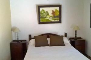 卡法亚特Hostal Tierra de Vinos的一间卧室配有一张带两个床头柜和一张照片的床