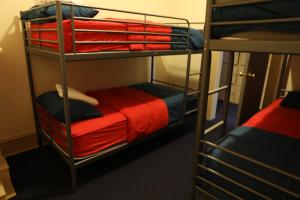 华盛顿杜奥游牧者旅舍的一间客房配有三张双层床和红色床单。